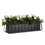 Heatherbrook railing planter with black galvanized liner planter with white geraniums on white background
