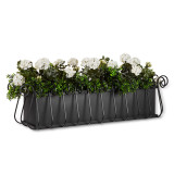 Heatherbrook Railing Planter, black metal railing planter with white flowers and green foliage.