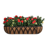 Arch Hayrack Railing Planter, decorative hanging planter with a black metal arch design and coconut fiber liner, filled with vibrant red, pink, and cream flowering plants.