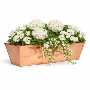 Real Copper 2-in-1 Tapered Window Box or Liner with white flowers on white background