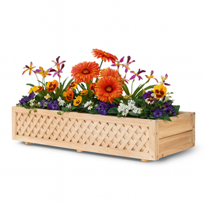Lattice Cedar Window Box w/ Cleat in natural with orange flowers on white background Lattice Cedar Window Box w/ Cleat in natural with orange flowers on white background