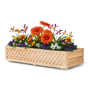 Lattice Cedar Window Box w/ Cleat in natural with orange flowers on white background