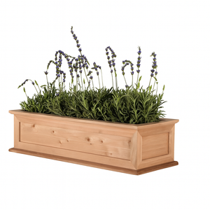 Framed Cottage Cedar Window Box w/ Cleat with purple flowers Framed Cottage Cedar Window Box w/ Cleat with purple flowers