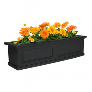 Black Prestige window box with orange and gold flowers on white background Black Prestige window box with orange and gold flowers on white background
