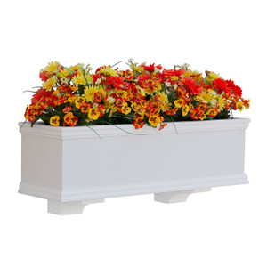 Laguna XL window box planted with orange and yellow flowers on white background Laguna XL window box planted with orange and yellow flowers on white background