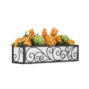 Wayfarer window box with white PVC liner planted with orange and green flowers