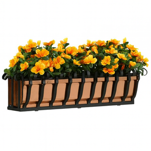 Pacific Heights Copper Window Box with orange flowers on white background