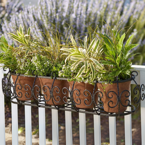 Parisian Railing Planter on a white wood rail planted with terracotta pots and planted with leafy herbs and white flowers. Parisian Railing Planter on a white wood rail planted with terracotta pots and planted with leafy herbs and white flowers.