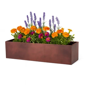 Oil Rubbed Bronze Galvanized 2-in-1 Metal Window Box or Liner with orange purple and magenta flowers on white background