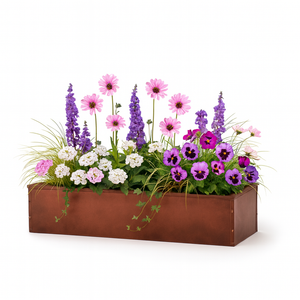 Oil Rubbed Bronze Galvanized 2-in-1 Metal Window Box or Liner with spring flowers
