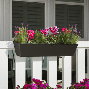 Black Galvanized 2-in-1 Metal Tapered Window Box or Liner on a white wood railing  with hot pink flowers
