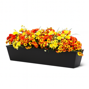 Black Galvanized 2-in-1 Metal Tapered Window Box or Liner with orange flowers on white background