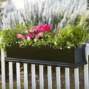 Black Laguna Railing Planter, black rectangular planter filled with colorful flowers on a white railing