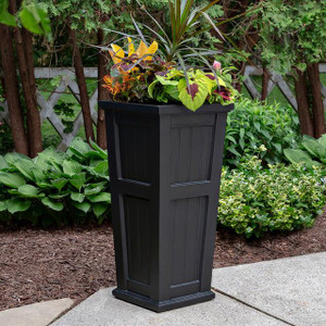 Promenade Tall Patio Planter, black tall square garden planter with plants in an outdoor garden setting Promenade Tall Patio Planter, black tall square garden planter with plants in an outdoor garden setting