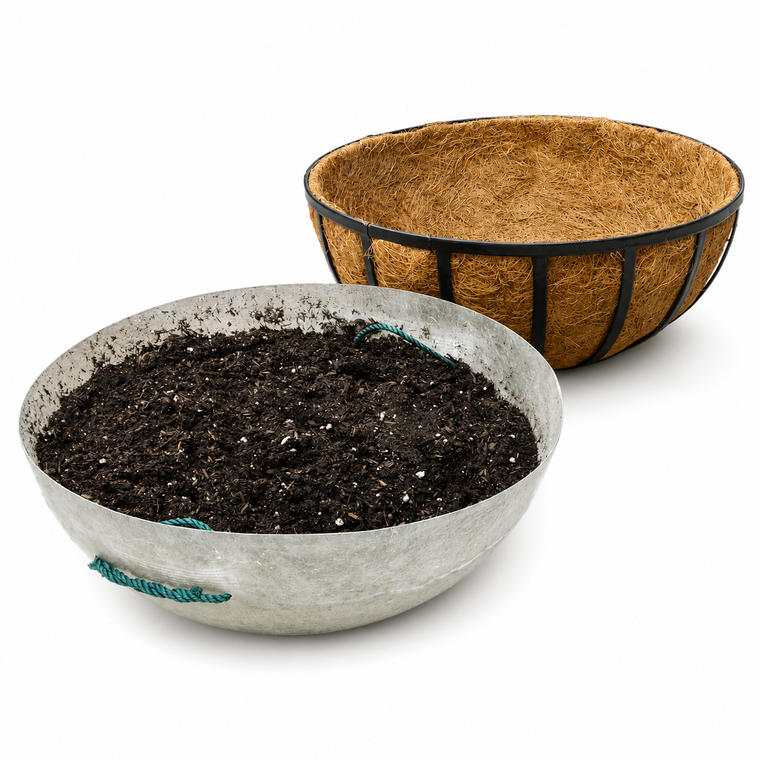 Fiberglass Hanging Basket Insert with dirt, with hanging basket in backgound