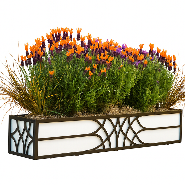 Falling Water Window Box with white PVC liner and planted with orange and purple flowers on white background