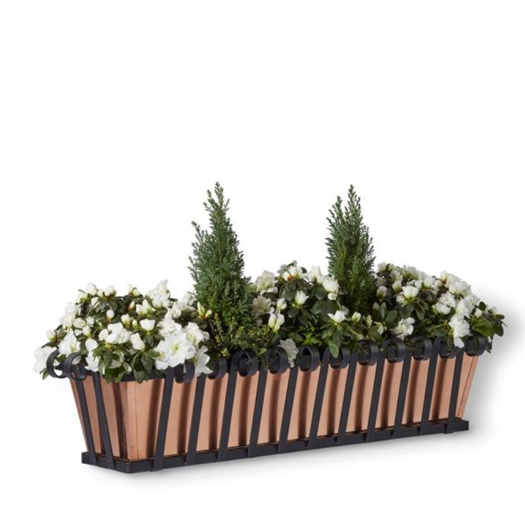 Venetian planter with copper liner with white flowers on white background