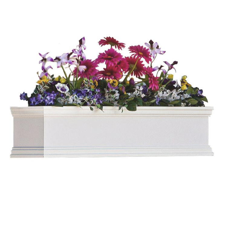 White direct mount Laguna Window Box with flowers