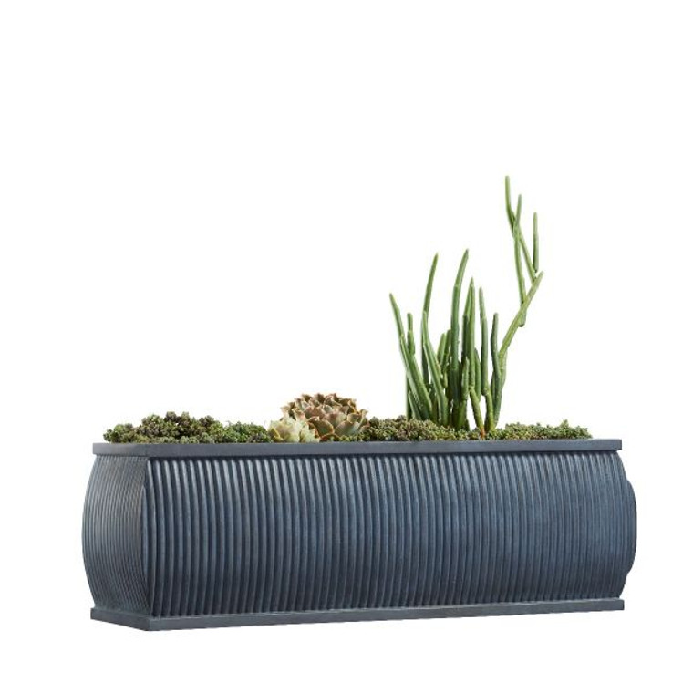 Barrel Fiberstone Window Box with hand applied zinc finish with interesting succulents planted.