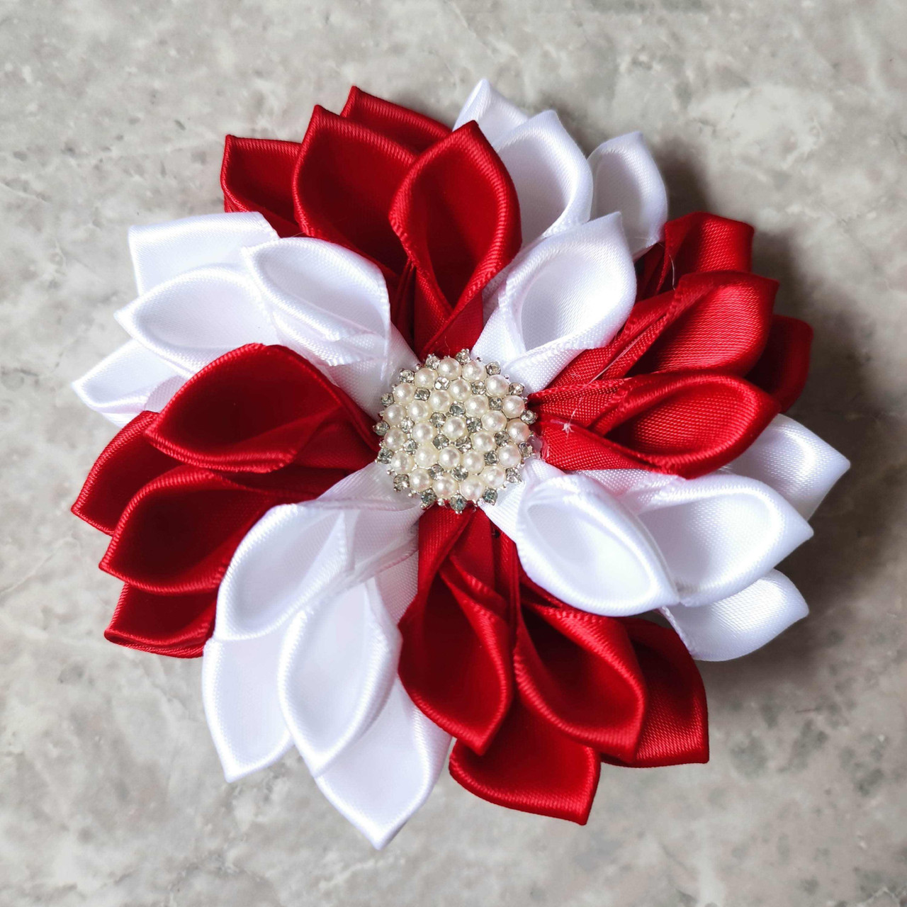 Red and White Ribbon Flower Pin – Rosa's Greek Boutique, Inc.