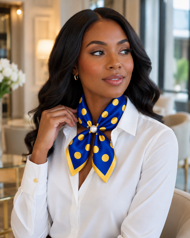 Sigma Gamma Rho Scarf- polka dot magnetic closure, blue base
