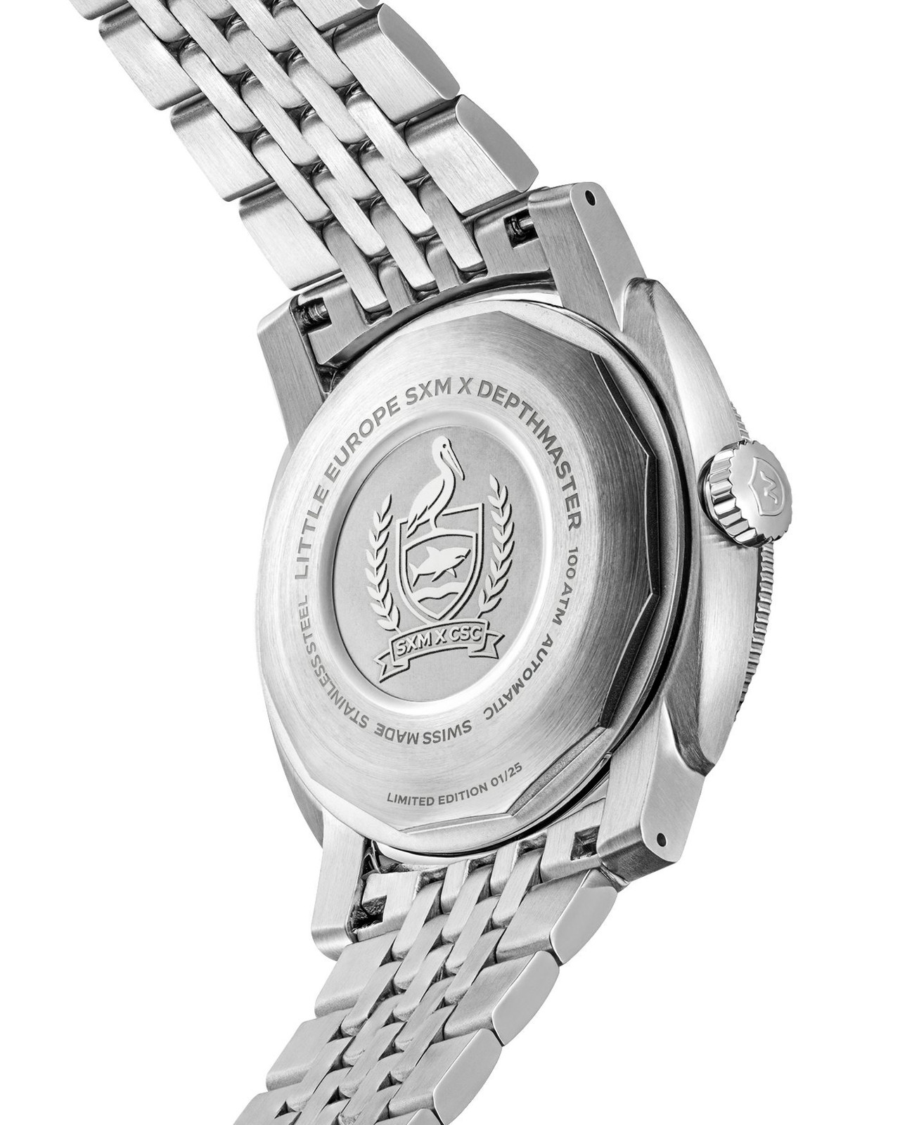 Reverse-etched caseback with pelican and shark crest