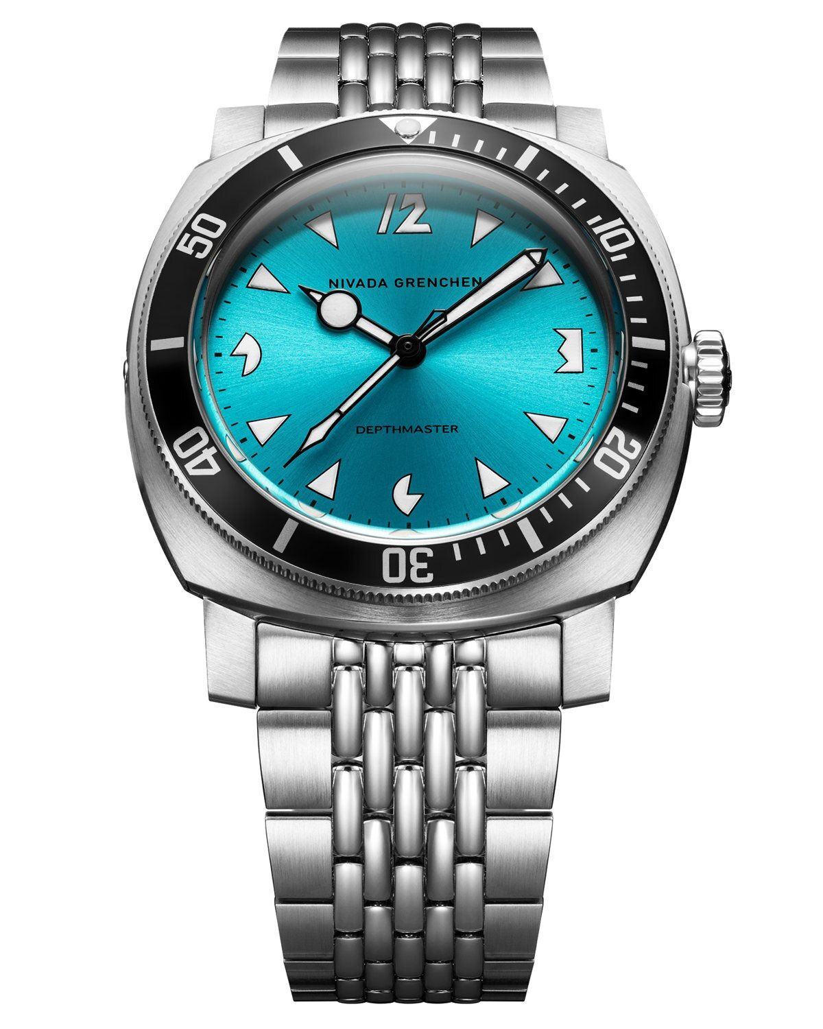 Depthmaster front, Caribbean blue dial on beads-of-rice bracelet
