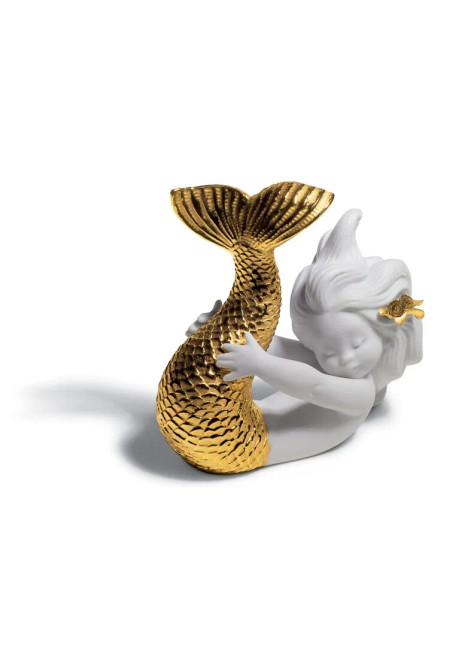 Lladro Playing at Sea Mermaid Figurine. Golden Lustre