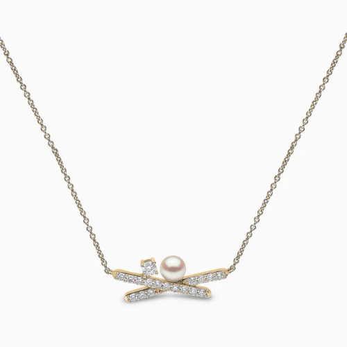 Yoko Sleek 18K Yellow Gold Pearl and Mini Diamond Cross Necklace 4.5-5mm
