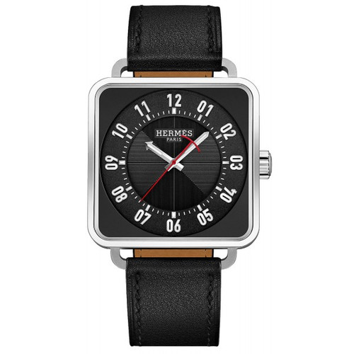 Hermès Carré H 38mm automatic steel watch with black dial on black leather strap, front viewHermès Carré H 38mm steel watch side profile showing curved square case, profile view