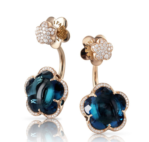 Bon Ton Earrings in 18k Rose Gold with London Blue Topaz and Diamonds.