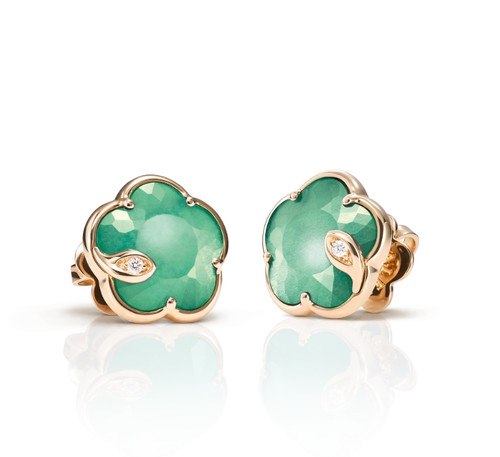 Petit Joli Earrings  in 18k Rose Gold with Lunar Garden gem made of Green Agate and White Moonstone and White Diamonds.
