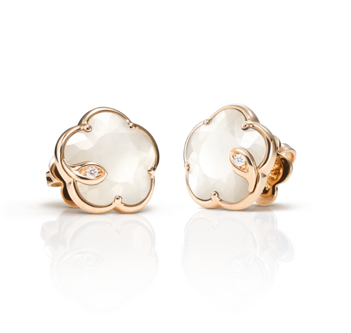 Petit Joli Earringsin 18k Rose Gold with Pearl of the Moon gem made of Mother of Pearl and White Moonstone and White Diamonds.
