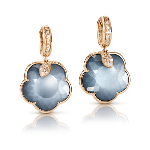 Pasquale Bruni Ton Joli earrings in 18k rose gold with moonstone, onyx and diamonds, ref. 16675R, at Little Europe Jewellers St. Maarten
