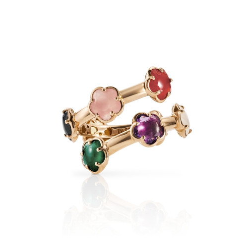 Figlia Dei Fiori Ring in 18k Rose Gold with Green Agate, Red Carnelian, Onyx, White Moonstone, Pink Chalcedony, Citrine, Amethyst, London Blue Topaz and White Diamonds.
