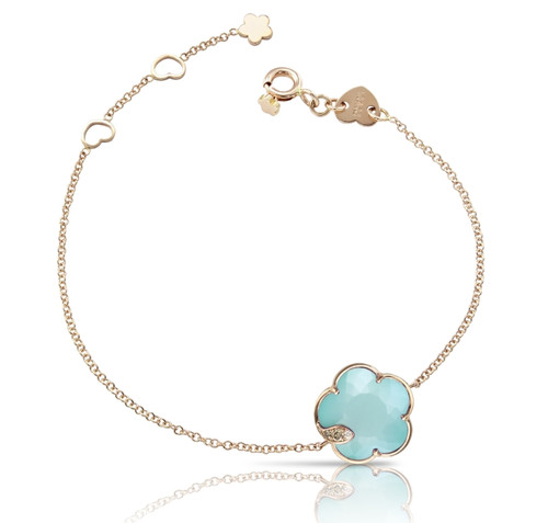 Petit Joli Bracelet in 18k Rose Gold with Sea Moon gem made of Turquoise and White Moonstone Doublet, White and Champagne Diamonds.