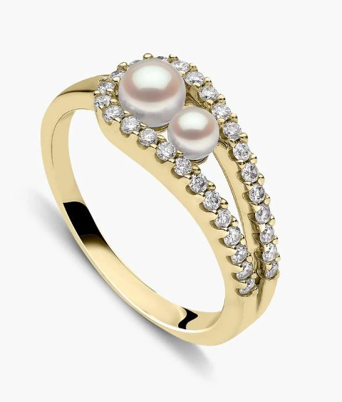 Yoko Sleek 18K Yellow Gold Double Pearl and Diamond Ring