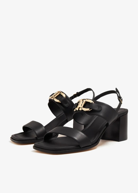 Salvatore Ferragamo Lou Sandal 55mm, Ferragamo black leather sandals, Ferragamo Gancini sandals, Ferragamo block heel sandals, designer sandals for women, luxury Italian footwear, Ferragamo summer sandals, gold buckle sandals.