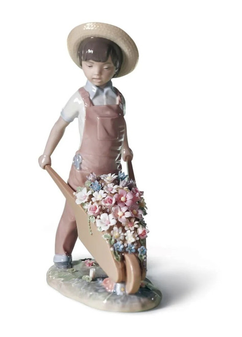 Lladro Wheelbarrow with Flowers Boy Figurine