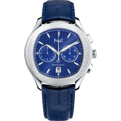 Piaget Polo Chronograph Automatic Steel Watch Blue Alligator