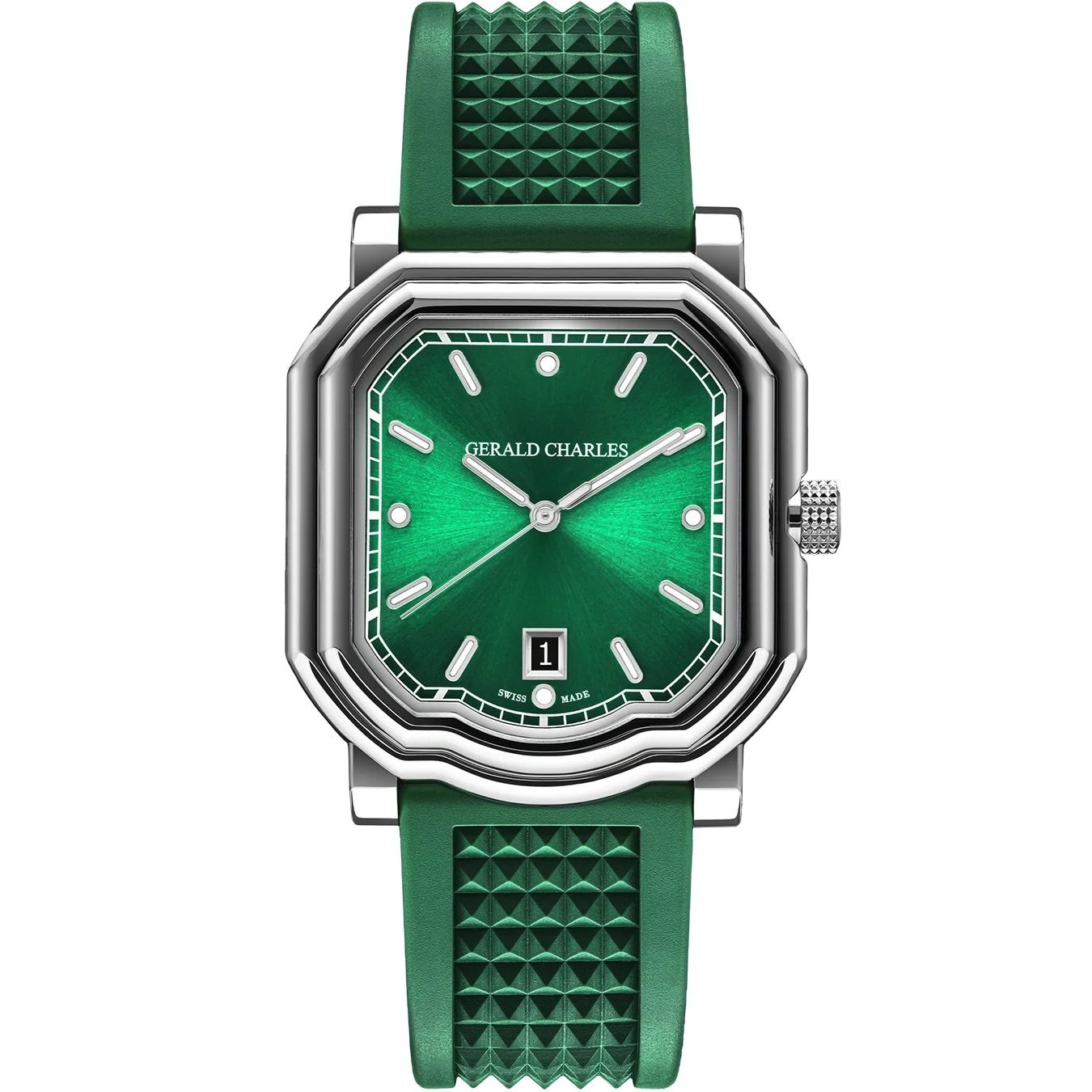 Gerald Charles Maestro 2.0 Ultra-Thin in steel with an emerald green sunburst dial and green rubber strap, shown face-on.
