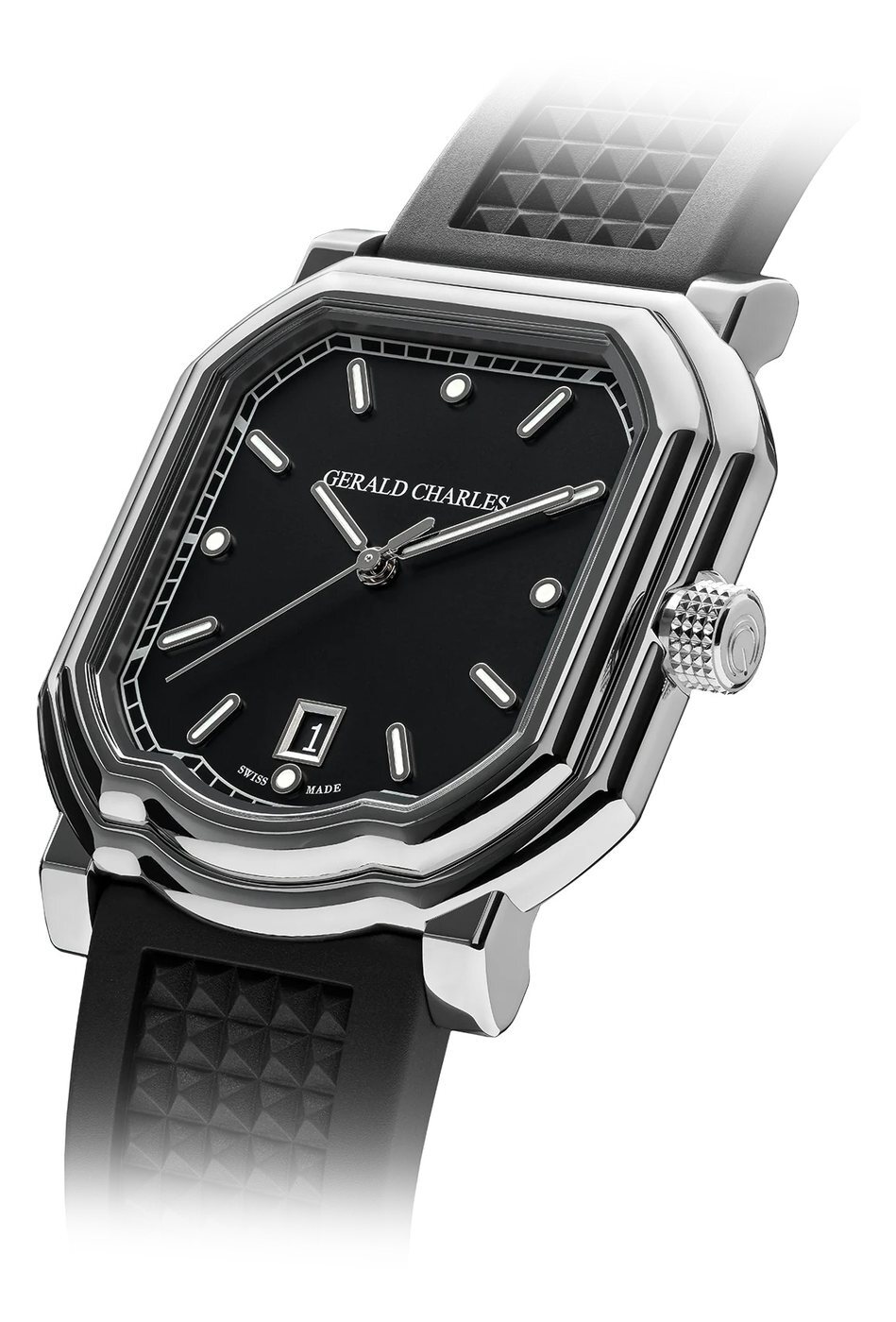 Gerald Charles Maestro 2.0 Ultra-Thin in steel with a black sunburst dial and black rubber strap, shown face-on.