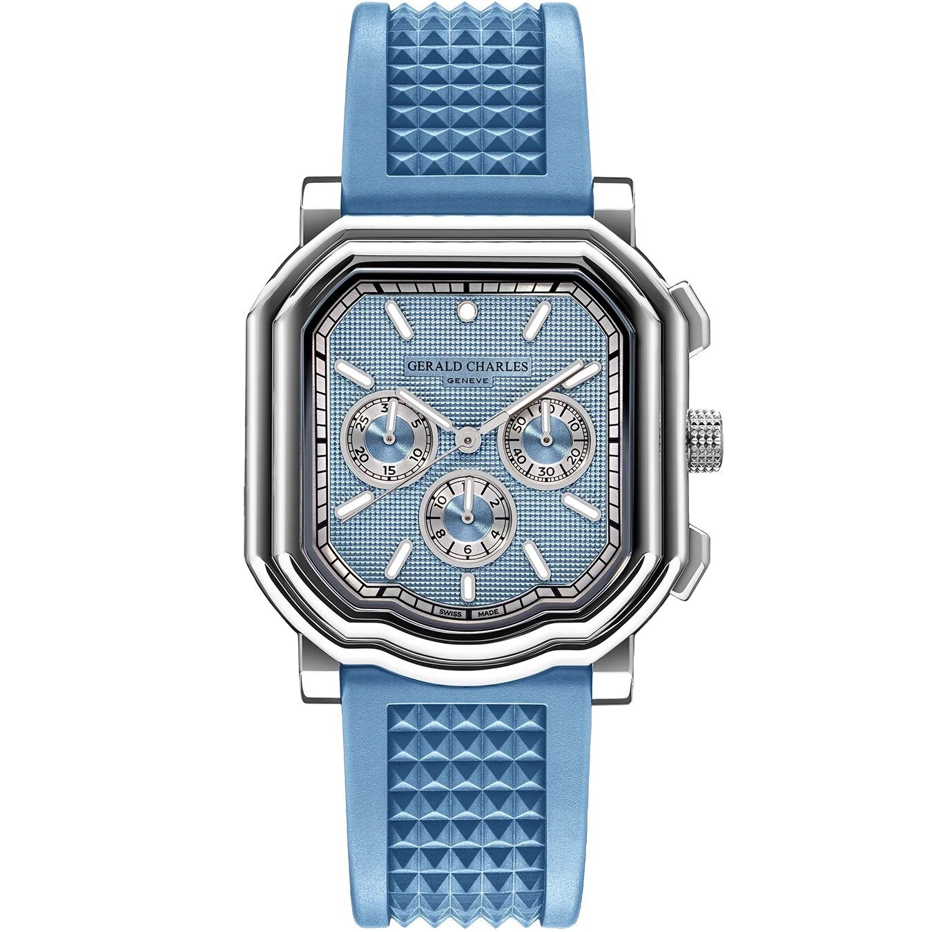 Gerald Charles Maestro 3.0 Chronograph in steel with an ice blue Clous de Paris hobnail dial, shown face-on.