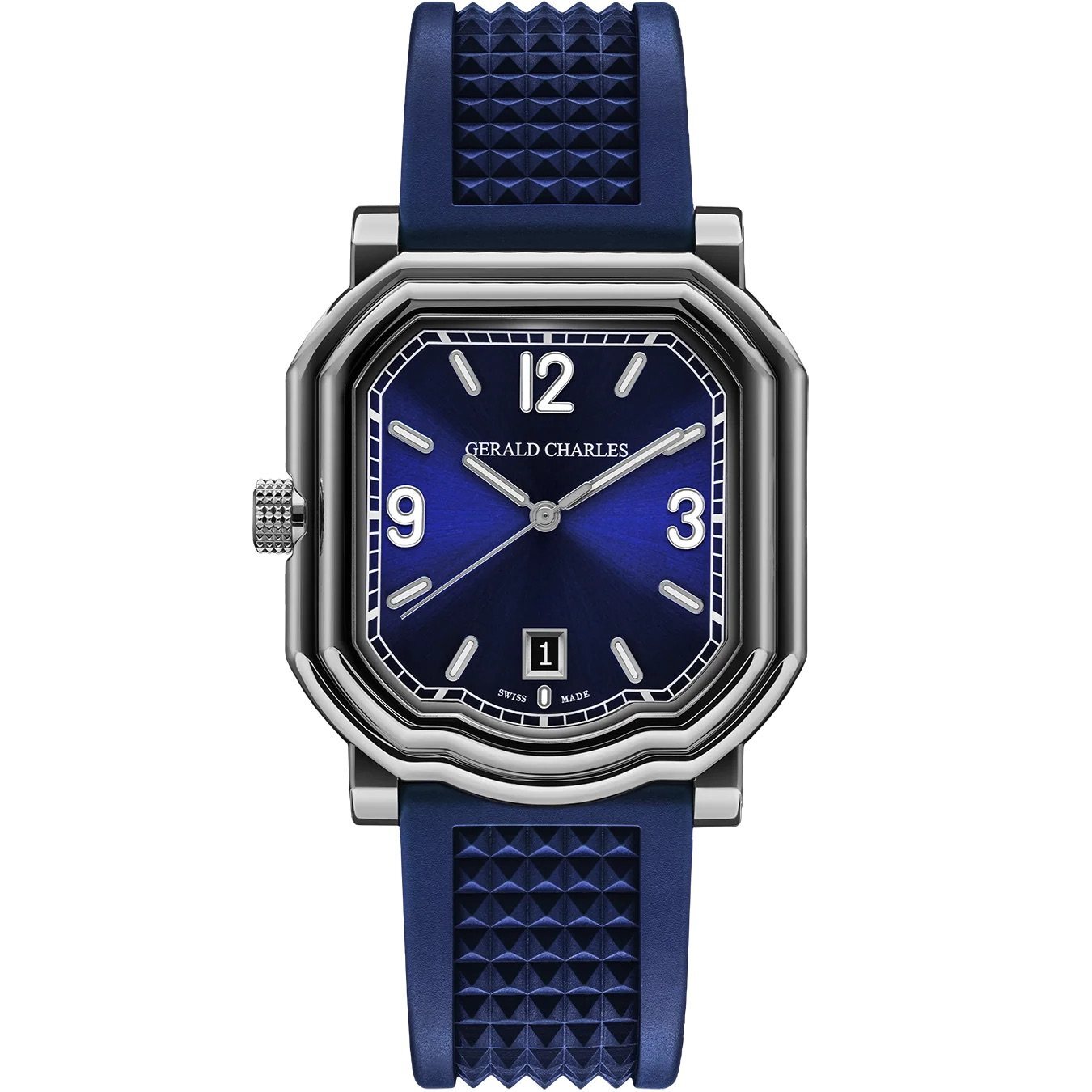 Gerald Charles Maestro GC Sport in Darkblast Grade 5 titanium with a royal blue dial, shown face-on.