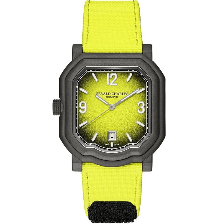 Gerald Charles Maestro GC Sport Tennis in Darkblast titanium with an optic yellow dial and yellow strap, shown face-on.