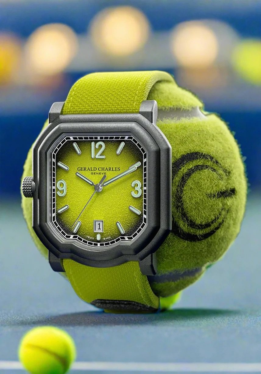 Gerald Charles Maestro GC Sport Tennis in optic yellow with a Darkblast titanium case, resting against a tennis ball on a blue hard court, the crown visible on the left side of the case.