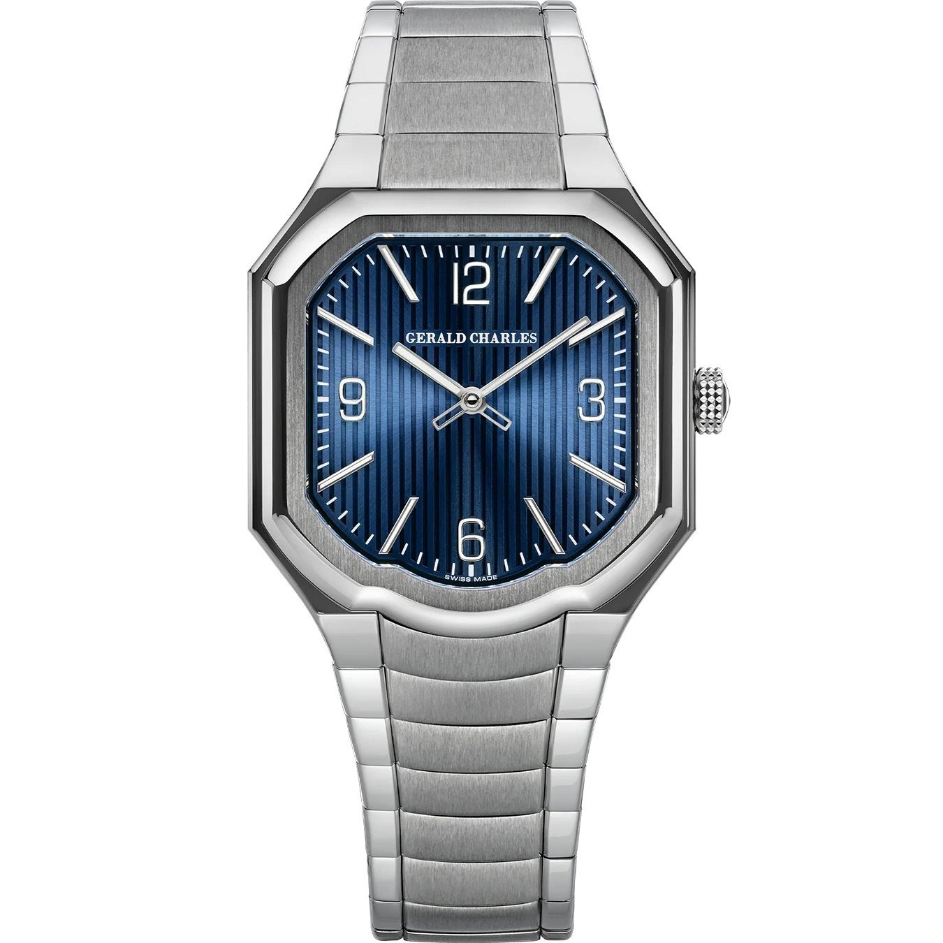 Gerald Charles Masterlink in steel with an integrated bracelet and blue dial, showing squarer upper case lines and the smile retained at six o'clock.
