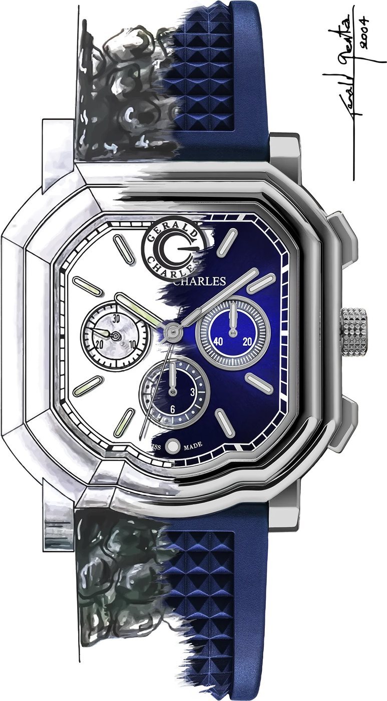 G&eacute;rald Genta's original design drawing for the Gerald Charles Maestro chronograph, half rendered in colour and half left as line work, signed Gerald Genta and dated 2004 in the upper right corner.