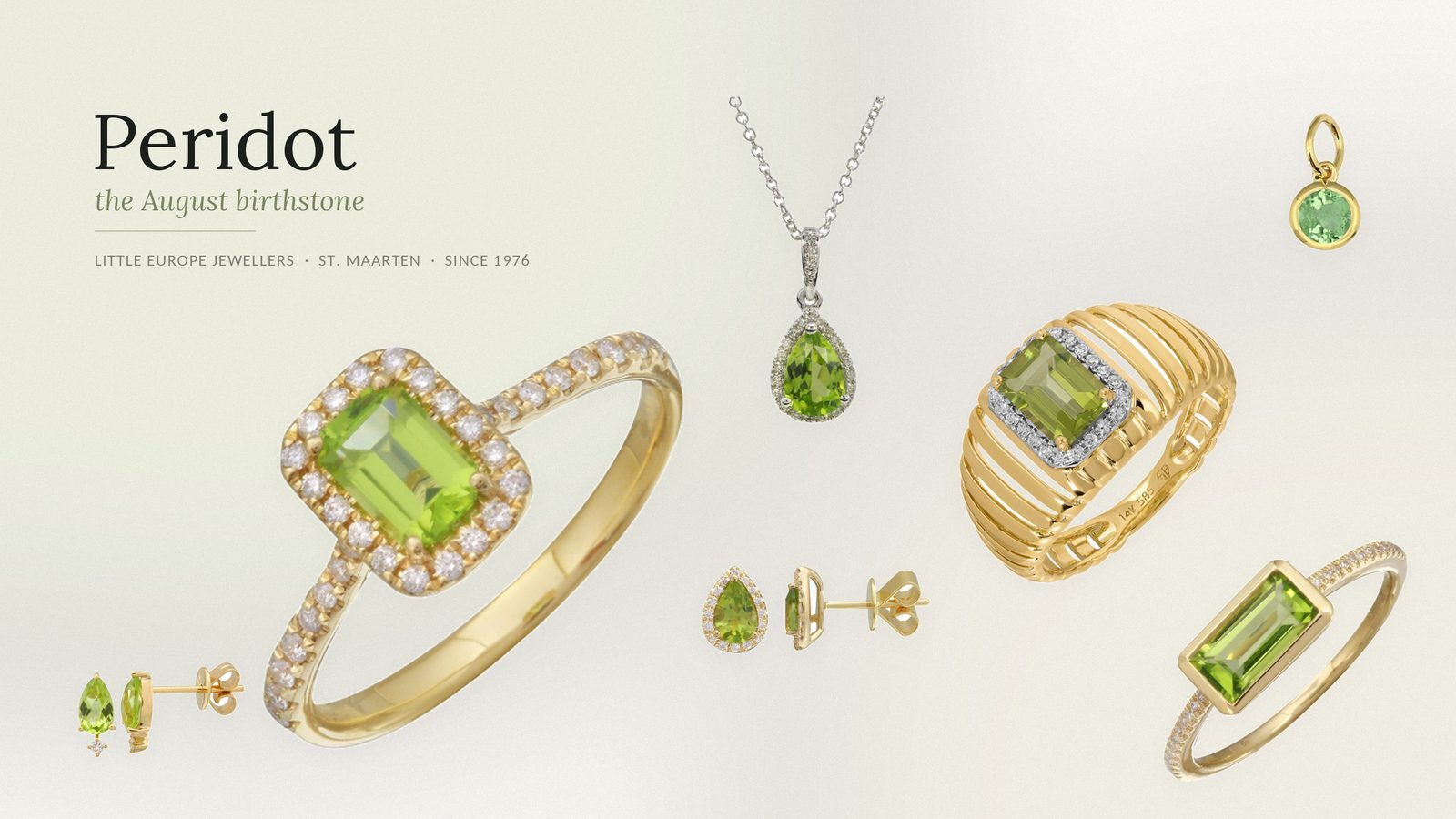 14k gold peridot rings, earrings and pendants at Little Europe Jewellers, Philipsburg, St. Maarten