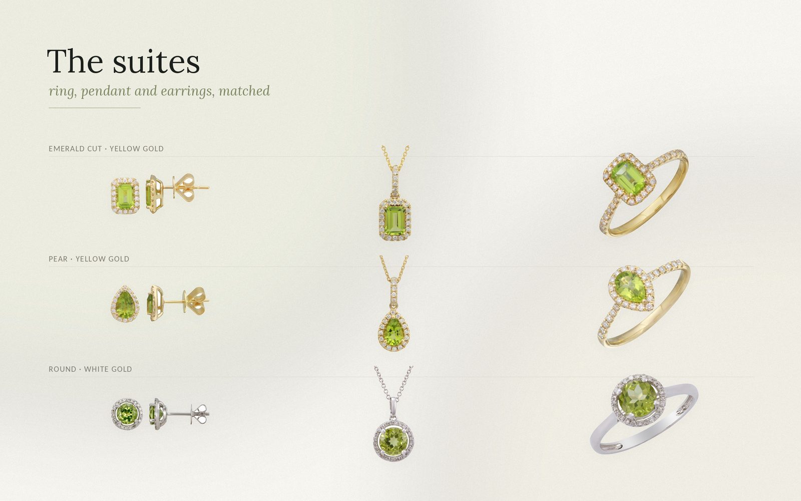 Three matched peridot suites in yellow and white gold &mdash; emerald cut, pear and round